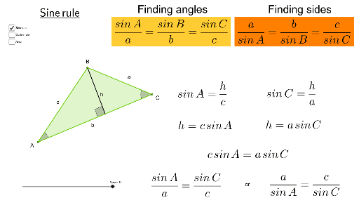 Proofs of sine rule, cosine rule, area of a triangle – GeoGebra