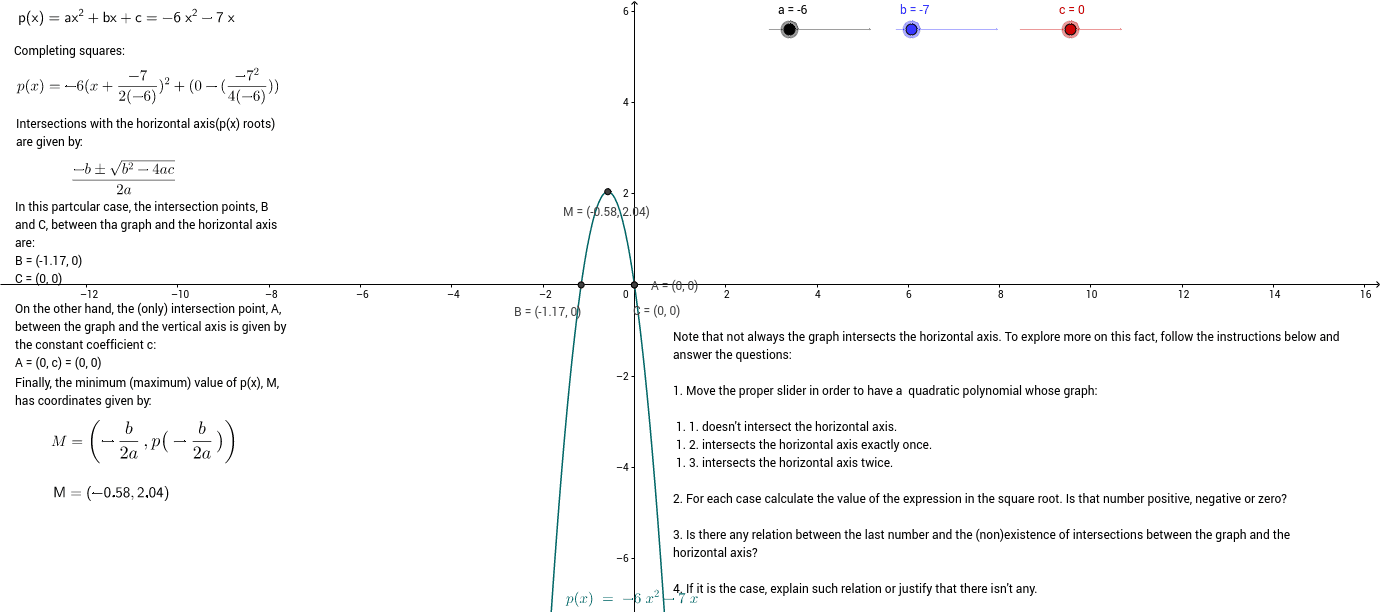 Quadratic Polynomials Ax 2 Bx C Geogebra