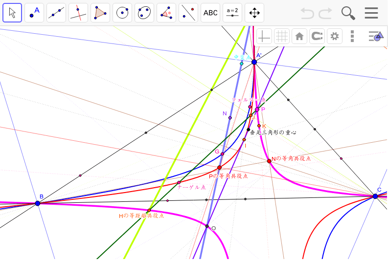 Oiとナーゲル点とジェルゴンヌ点を結ぶ直線の交点 Geogebra