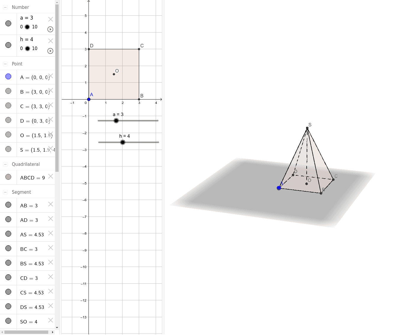 Pyramide base carrée GeoGebra