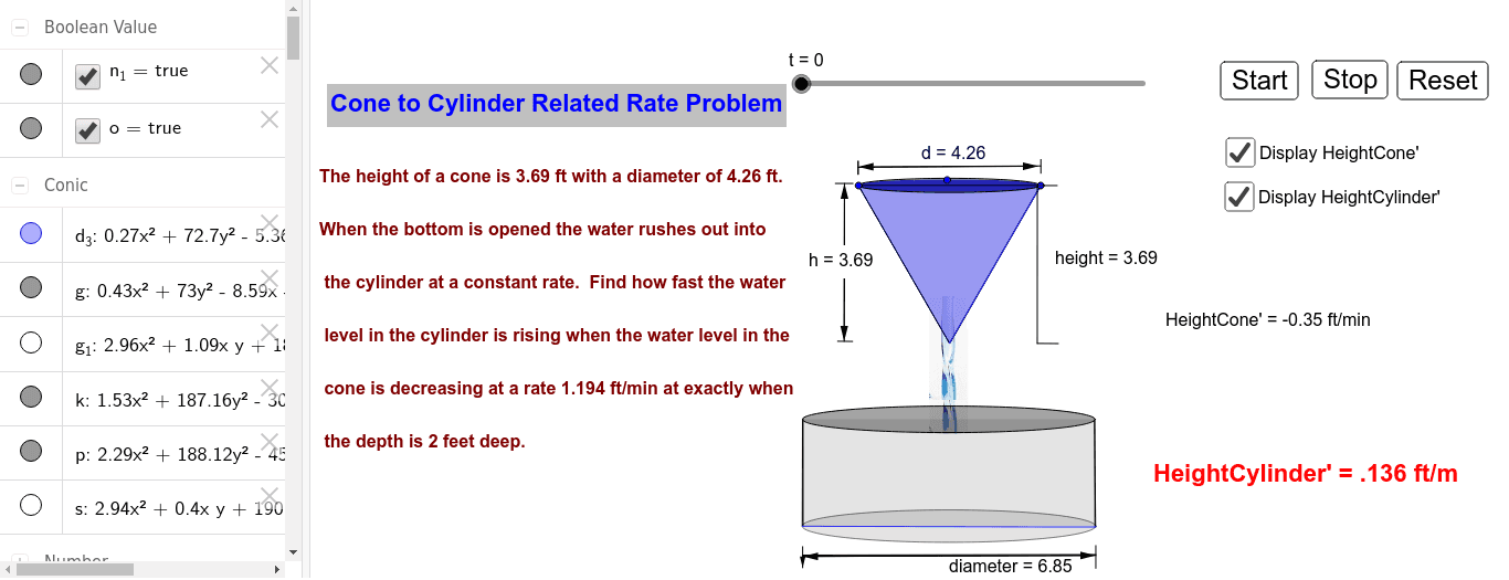 Cone to Cylinder Related Rate Problem GeoGebra