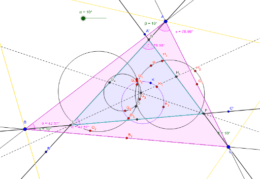ａｂｃの相似三角形の重心と外心と垂心と擬似重心の軌跡は一点で交わる Geogebra