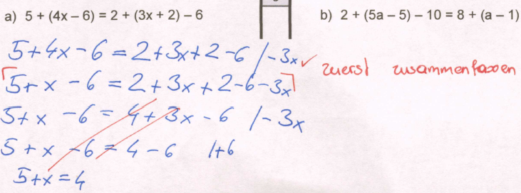 Auch in diesem Bild ist die Problematik mit dem Zusammenfassen sehr gut 
zu erkennen. Der Schüler beginnt sofort mit der Äquivalenzumformung, die 
er auch phasenweise richtig ausführt. Dadurch, dass er aber zu Beginn 
nicht Zusammengehöriges auch zusammenfasst, werden die Umformungen zu 
kompliziert, er macht Fehler, weiß nicht wie er weiterkommt und kommt im
 Endeffekt auf kein Ergebnis. 