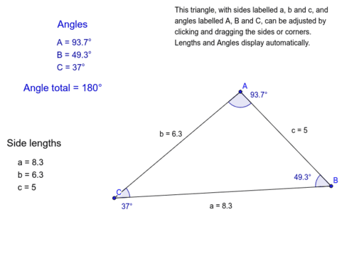 Basic Triangle with adjustable side lengths and angles – GeoGebra