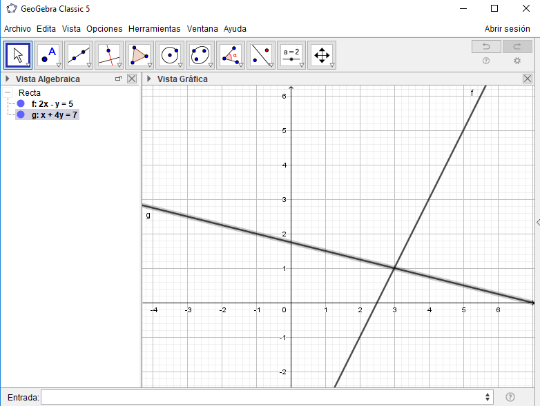  1.	Escribimos nuestras dos ecuaciones en la barra de entrada. Una vez las hayamos escrito, aparecerán automáticamente en la vista algebraica y en la gráfica.