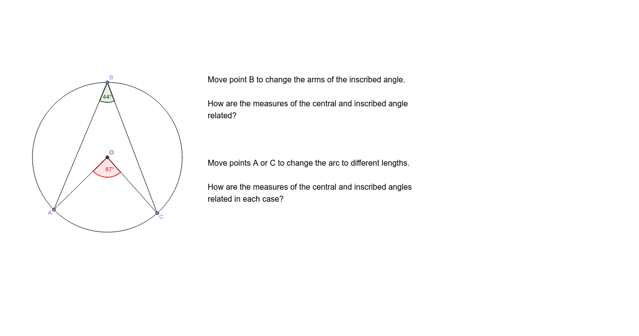 Central and Inscribed Angles Subtended by the Same Arc – GeoGebra