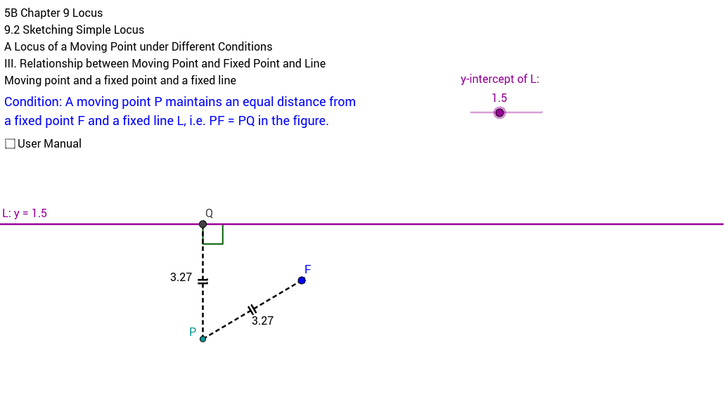 Locus of a moving point and a fixed point and a fixed line – GeoGebra