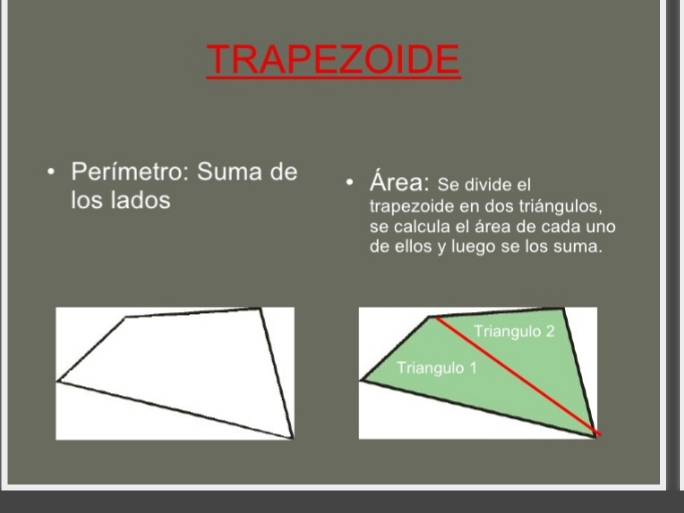 1.¿ cuál es la fórmula para encontrar el área de un trapezoide?

2¿ cómo podemos identificar un trapezoide?