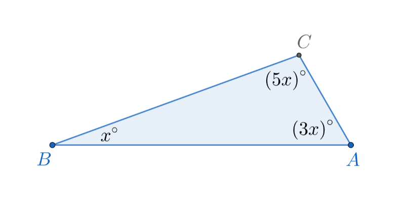 Reproduisez ce schéma sur votre surface verticale.  Déterminez ensuite la valeur de x et déterminez la mesure des 3 angles intérieurs de ce triangle. 