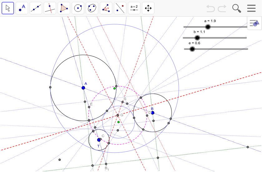 ３つの相似の中心を通る線と円との極線 Geogebra