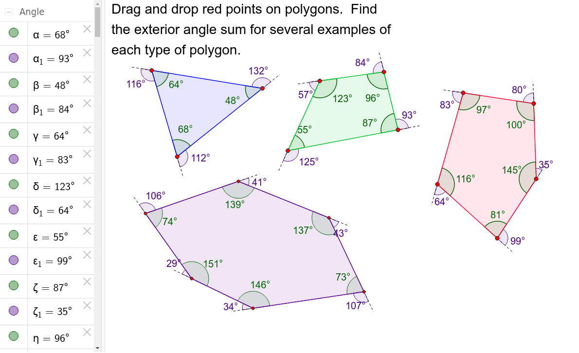 Investigate The Sum Of Exterior Angles In Polygons GeoGebra