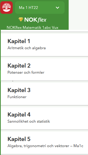 Ma1 abc Kap1 Aritmetik och algebra  Kap2 Potenser och formler  Kap3 Funktioner  Kap4 Sannolikhet och statistik  Kap5 Ma1c Algebra, trigonometri, vektorer 