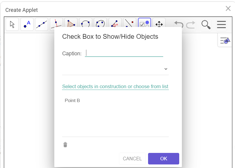 Step-2: Fill the caption as: Show/Hide Objects. select the objects to be show/hide.