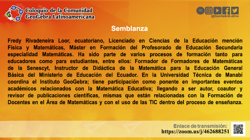 Comunidad GeoGebra Latinoamericana (2019). [i]Sesión 9 [evento de Facebook][/i]. Recuperado de [url=https://www.facebook.com/GeoGebraLatino/photos/pcb.707047449761422/429089251064483/?type=3&theater][/url][url=https://www.facebook.com/GeoGebraLatino/photos/a.350442285595847/467374413902633/?type=3&theater]https://www.facebook.com/GeoGebraLatino/photos/a.350442285595847/467374413902633/?type=3&theater[/url]