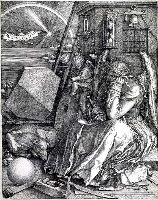 Albrecht Dürer bildet sein magisches Quadrat im Stich "Melencolia I" ab: