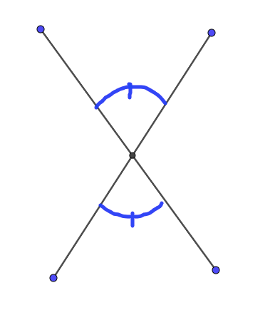 Ces deux angles (en bleu) sont situés face à face dans le X formé par les deux segments.  Ils sont opposés par le sommet et ISOMÉTRIQUES!