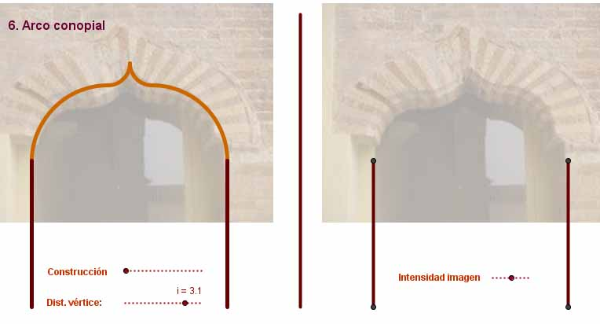 [b]6. Conopial[/b]. Se dibuja el segmento OA  y situamos un punto P sobre él. Trazamos un arco de 90º con centro en P y radio en A (quizás tengas que dibujar primero la circunferencia completa). Llamamos Q al punto de intersección de la circunferencia anterior con la perpendicular a AB que pasa por P (Q es además el extremo del arco anterior). Prolongamos el segmento PQ a partir de Q una distancia equivalente a PO, nos dará un punto R. Trazamos un nuevo arco de 90 con centro en R y extremos en Q y en la mediatriz de AB. La otra parte del arco se puede dibujar por simetría  respecto de la mediatriz.
Cuando P coincide con O, el arco es de medio punto. 