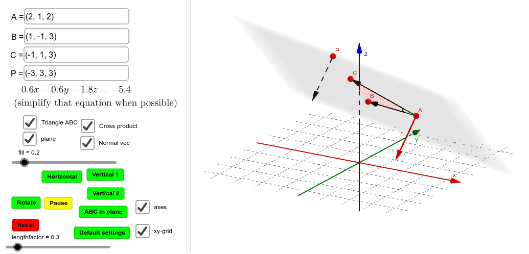 Plane through a point and parallel to two vectors – GeoGebra
