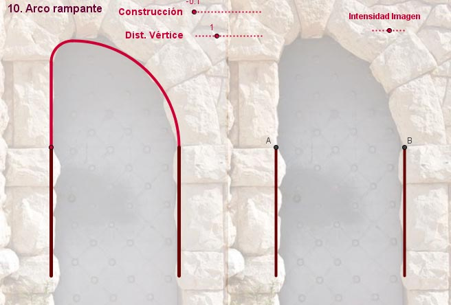 [b] [b]10. Rampante[/b].[/b] Se divide el segmento OA en dos partes desiguales. En una de ellas se traza un arco  de 90º . Cuando se llega al punto más alto, se cierra con un pequeño arco también de 90º hasta llegar a la línea vertical en A. Se completa con un segmento recto hasta llegar a A.