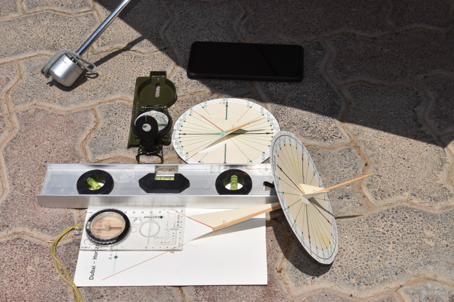 Side view of setup.  Note cocktail stick inaccuracy on horizontal sundial - should have been inserted into sticky tack down groove 