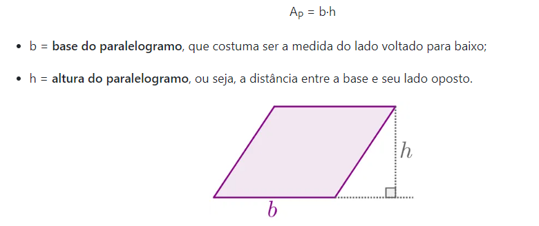 Para calcular a área do paralelogramo, podemos usar a seguinte fórmula: