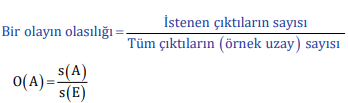 Eş olasılıklı örnek uzaydaki istenilen olayın eleman
sayısının, örnek uzayın eleman sayısına oranına
olayın olma olasılığı denir. 