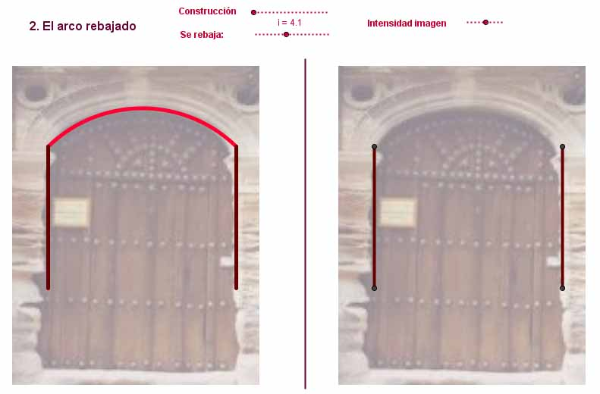 [b]2. Rebajado[/b]: Se toma un segundo punto P situado por debajo de O sobre la mediatriz. Se traza el arco con centro en P y extremos en B y A. El arco rebajado es un arco de medio punto cuando P coincide con o (no se llega a rebajar).
      