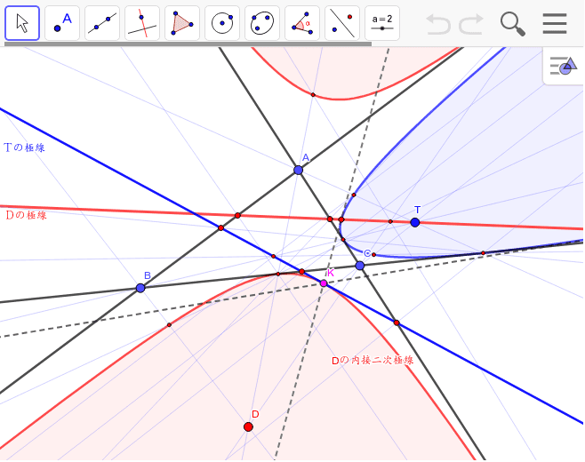 三角形の極線上の点の極線が接線であることの証明 Geogebra