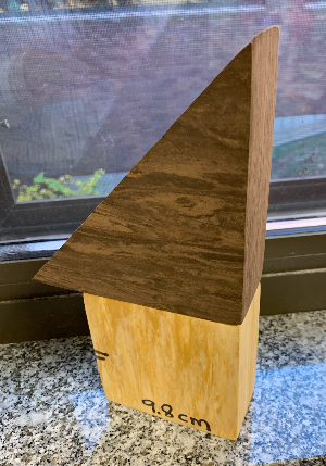 The composite solid below consists of 2 prisms. The prism at the bottom has dimensions 9.8 cm by 9.8 cm by 4.5 cm. The triangular prism up has a base that's an isosceles right triangle with leg = 13.6 cm. 