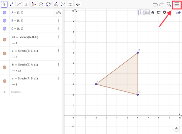 1. Klicke in Geogebra auf das Symbol mit den drei Strichen.