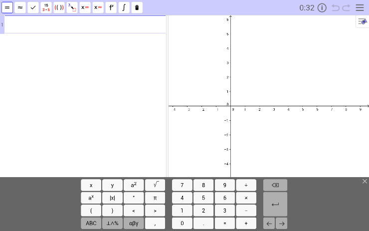 La barra de encabezado de color azul indica que la aplicación para [i]tablet[/i] Examen GeoGebra CAS está activa. 