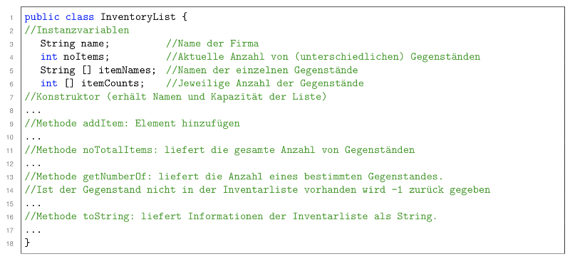 Implementiere die Klasse InventoryList nach folgendem Muster: