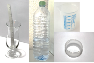 MATERIAL: Cocktailglas mit Messstreifen, Wasserflasche, Messbecher, Plastikschüssel 