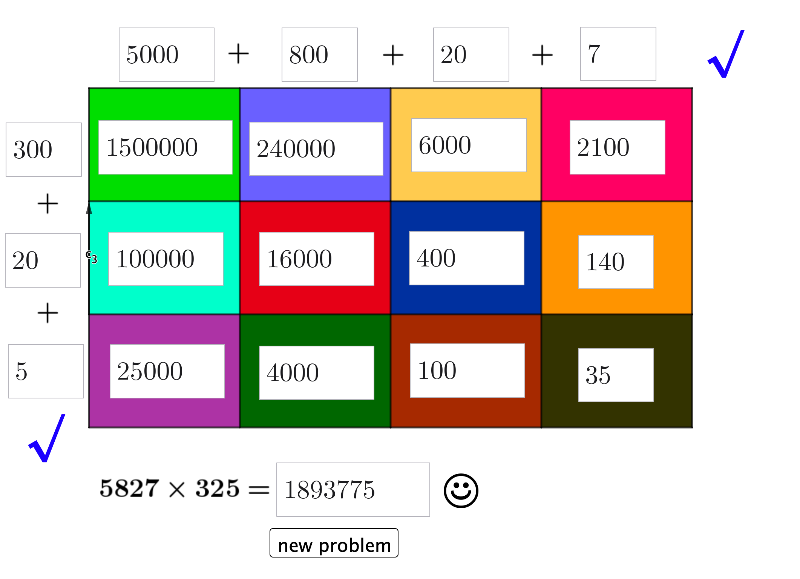 To evaluate 5827 x 325, note how (in the pic) we decomposed 5,827 as "5000 + 800 + 20 + 7" in the top row.  Then we decomposed 325 as "300 + 20 + 5" on the left side. We then filled in the areas and then added these areas to get the final product!