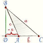 [img]http://profmeter.com.ua.opt-images.1c-bitrix-cdn.ru/upload/medialibrary/1f1/Eqn39.gif?13070912351227[/img] 
Если угол тупой, то справедлива формула:
 
[i]a[sup]2[/sup]= b[sup]2[/sup]+ c[sup]2[/sup]+ 2bx.[/i]