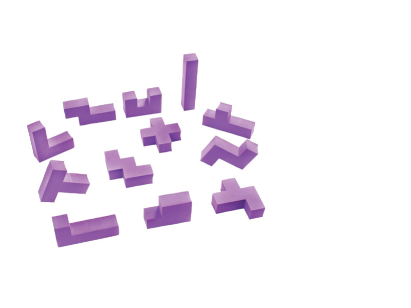 Here is an image of a complete set of 3D pentomino puzzle pieces.  Choose one piece, and create isometric and orthographic (front, side, top) drawings of each.  Grids will be provided below.