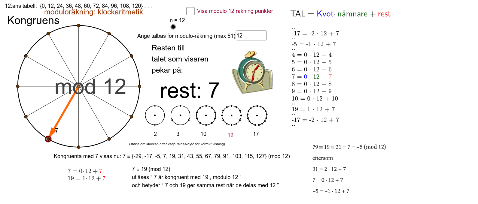 Matematik 5 Kongruens Modulorakning Klockrakning Kvot Namnare Rest Modulo Geogebra