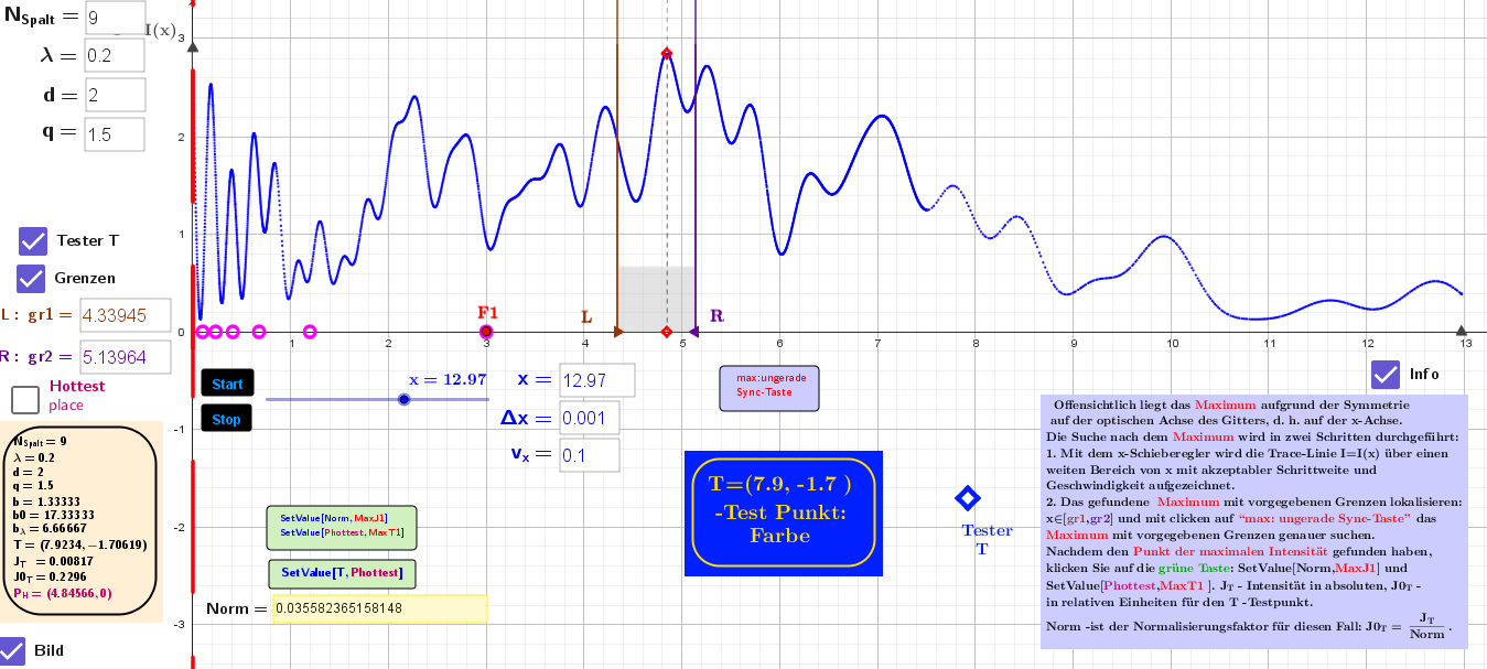 [size=85] Es wird angenommen, dass der Punkt [color=#ea9999]maximaler Intensität[/color] -[b][i][color=#ea9999]Hottest Place[/color][/i][/b] (des resultierenden Beugungsfeldes hinter dem optischen Gitter mit ungerader Spaltenzahl) auf x-Axis liegt (der Suchbereich ist grau dargestellt): x∈[[b][color=#980000]gr1[/color][/b], [b][color=#9900ff]gr2[/color][/b]]. Die bewegliche Grenzen [b][color=#980000]L: gr1[/color][/b] und [b][color=#9900ff]R: gr2[/color][/b] werden in der Nähe des ersten [url=https://www.geogebra.org/m/xMb3zVMx]Brennpunktes[/url] [color=#ff0000][b]F1[/b][/color] des Spaltes gewählt.
  Die Abbildung zeigt die Abhängigkeit ([color=#0000ff]blaue[/color]) [b][color=#0000ff]I=I(x)[/color][/b].  Ist das [b][color=#ff0000]Maximum[/color][/b] lokalisiert, kann es durch Drücken der "[color=#ff0000]max:ungerade Sync-Taste[/color]" genauer bestimmt werden.[/size]