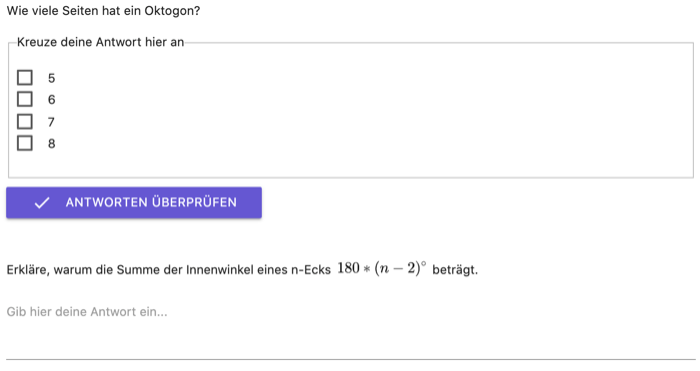 In GeoGebra Classroom wird eine Frage zu einer Aufgabe. Es können auch mehrere Fragen mit mehreren oder offenen Antworten gestellt werden!