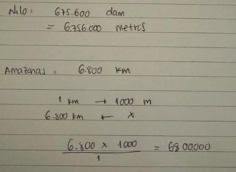 Se realiza la resta de los dos resultados [math]6800000-6756000=44000[/math], por lo tanto, entre el Nilo y el Amazonas hay 44.000 metros de diferencia