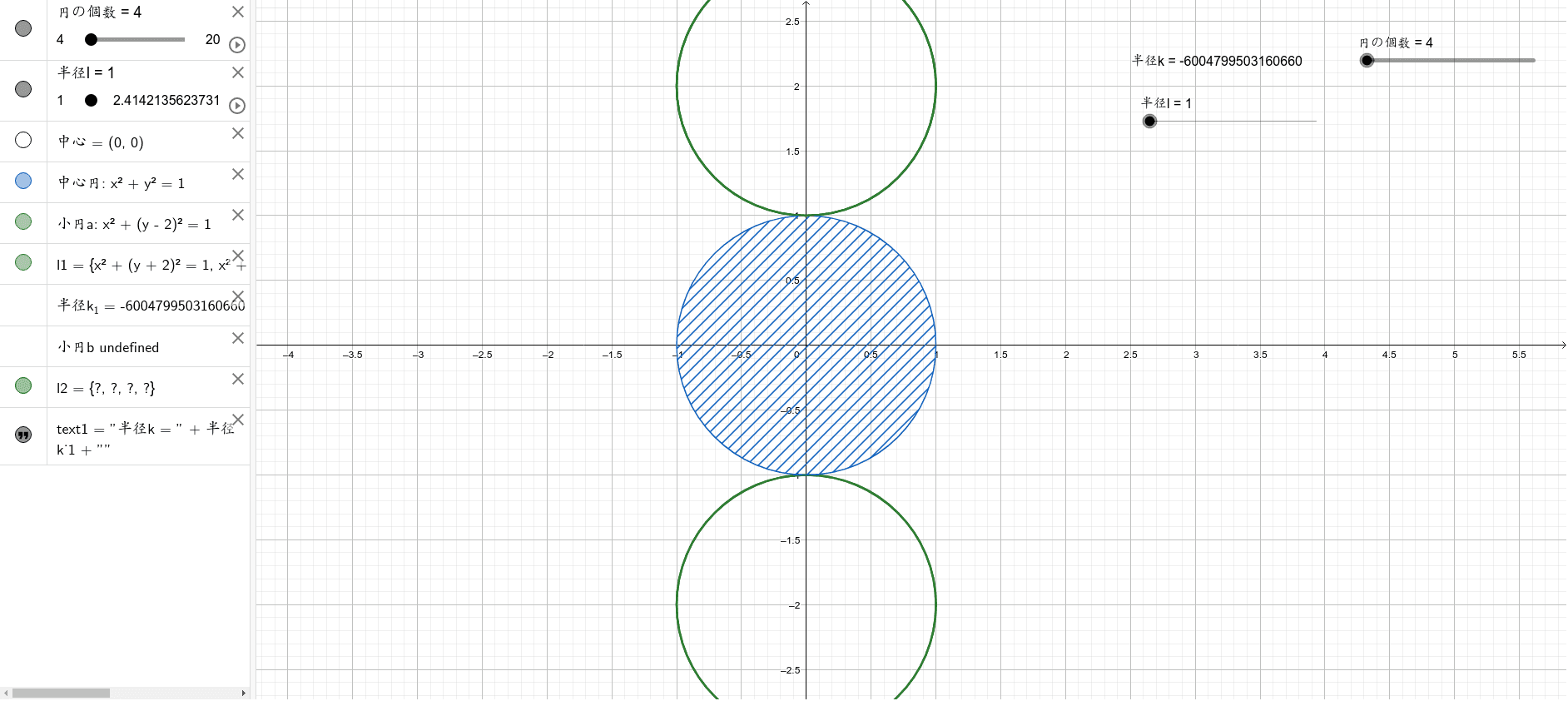 二種類の小円が交互に半径１の円の周りをきれいに並ぶには Geogebra