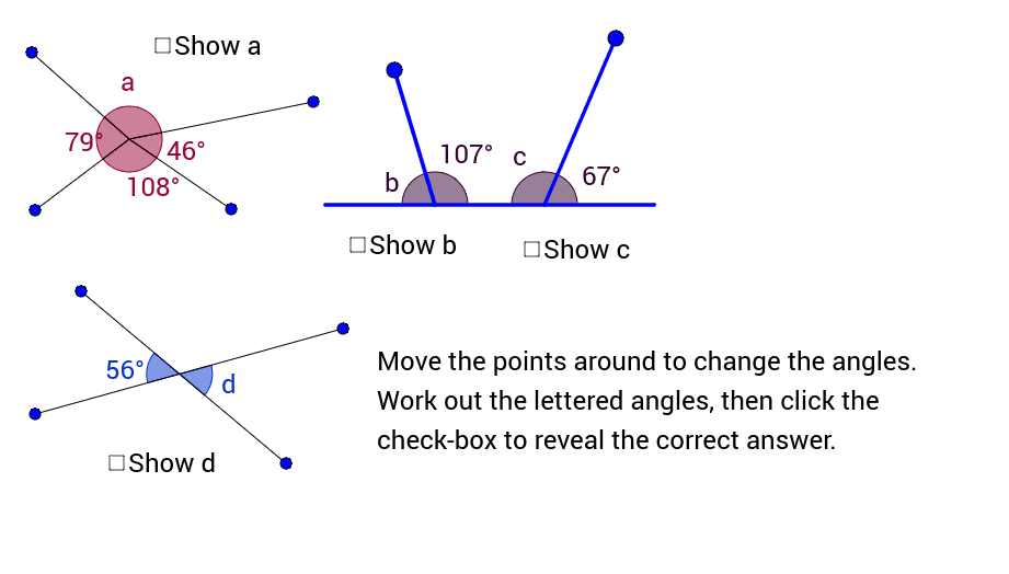 Missing angle problems using three basic angle facts – GeoGebra