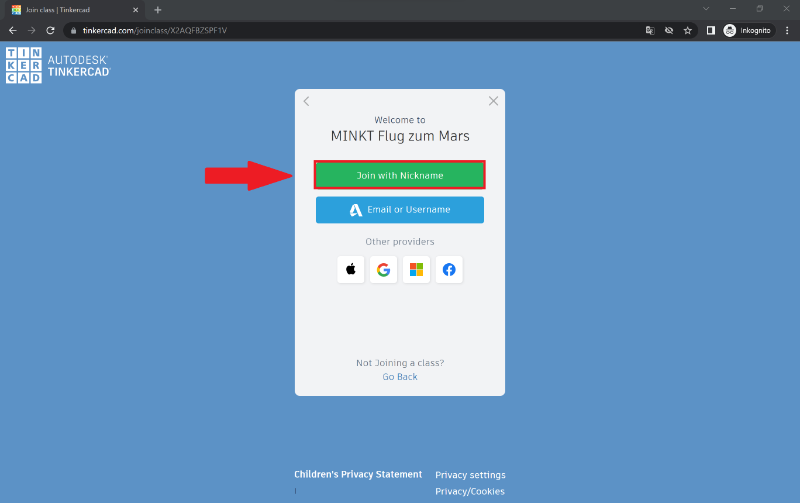 1. Klicke auf "Join with Nickname"