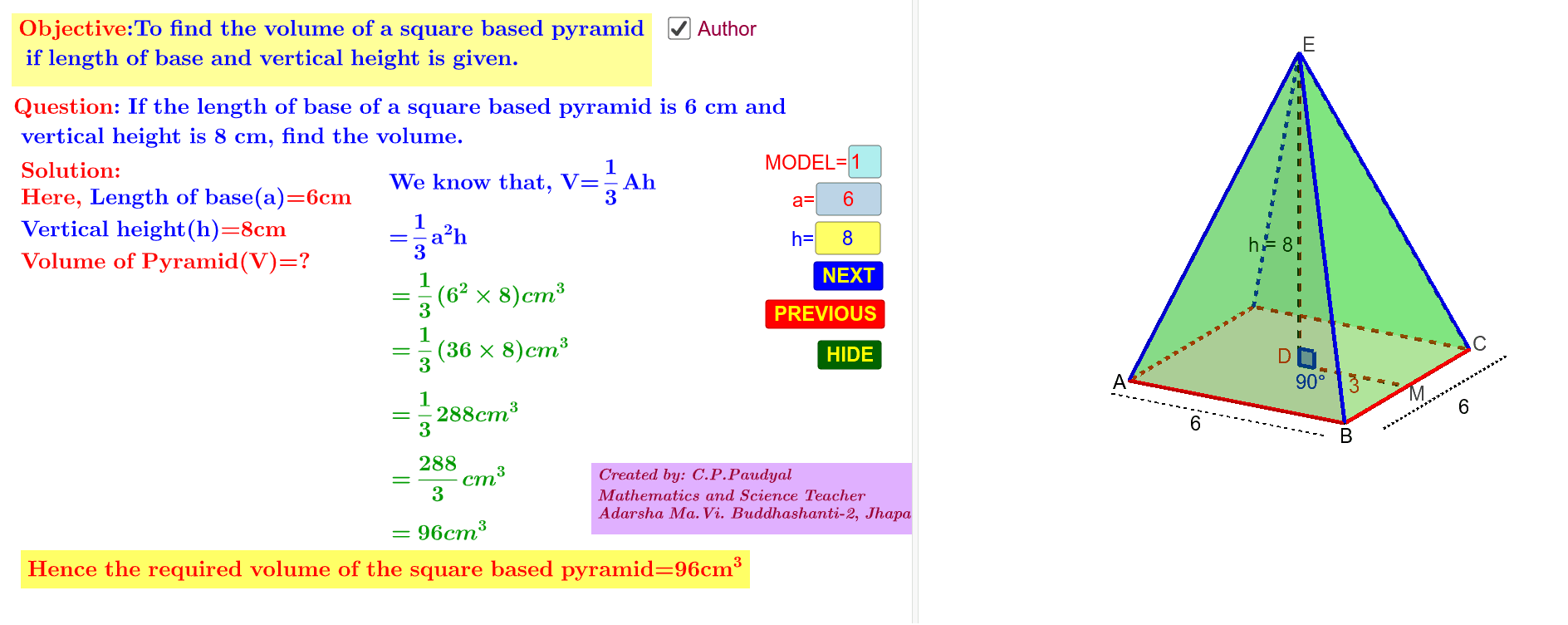 To Find the Volume, LSA and TSA of a Squared Based Pyramid – GeoGebra