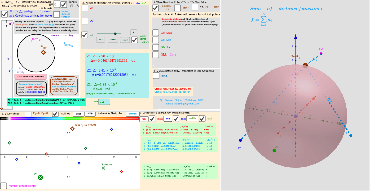 Example 1 Of Applet In Which 3 Moving Points In Three Dimensional Space Induce 8 Geometric Medians On A Sphere Geogebra