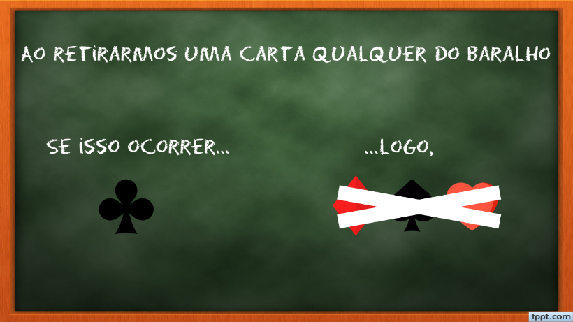 [justify][size=100][/size][size=100]﻿Um baralho de cartas possui 4 naipes distintos, sendo eles: [math]\clubsuit[/math], [math]\diamondsuit[/math], [math]\spadesuit[/math] e [math]\heartsuit[/math].

Assim sendo, temos 13 cartas de cada naipe, totalizando 52 no total.[/size][/justify]