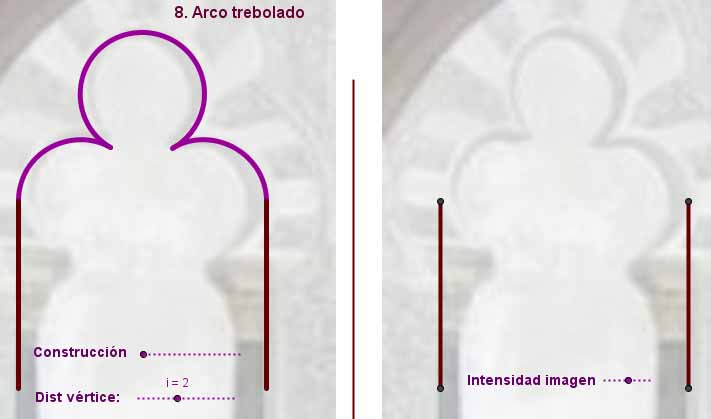 [b]8. Trebolado[/b]: Se dibuja el segmento  OA  y situamos un punto P sobre él.  P´ será el simétrico de P respecto de O. Dibujamos el triángulo equilátero que tiene por base PP’ y el vértice superior lo llamamos Q. Ahora podemos hacer un arco de 120º con centro en P y extremos en A y en el lado izquierdo del triángulo equilátero (puede que necesites antes trazar la circunferencia para encontrar el punto R del triángulo). Dibujamos el arco simétrico respecto de la mediatriz que dará otro punto R’ sobre el otro lado del triángulo). Por último, trazamos el arco de 300º con centro en Q y extremos en R y R’.