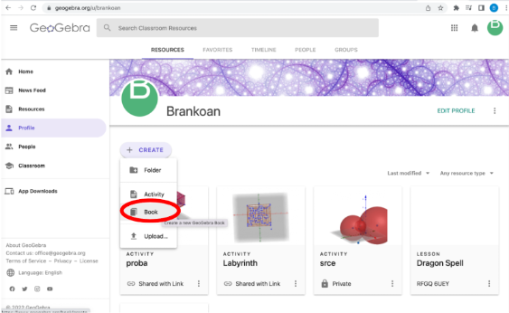 [size=100]Figur 2: Valg av bok som mulighet for opprettelse i GeoGebra.
Bilde av: Branko Andjic[/size]