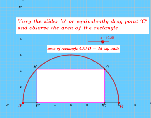 Maximum area of a rectangle inscribed in a semicircle – GeoGebra