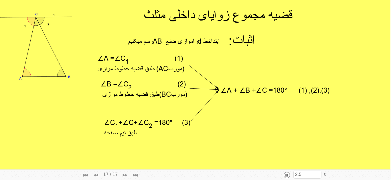 قضیه مجموع زوایای داخلی مثلث Geogebra